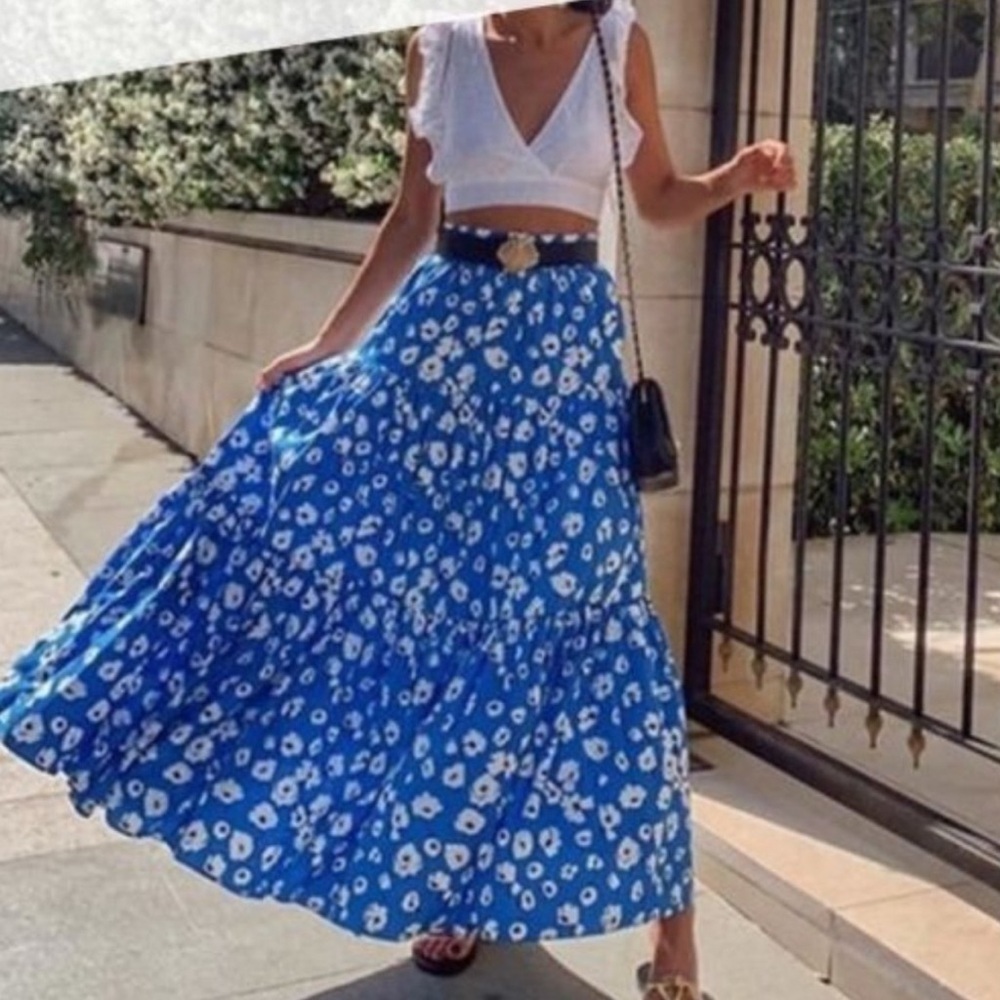Zara 100% cotton Floral Blue Maxi Skirt sz XS/S nwot, 004 - Picture 2 of 7